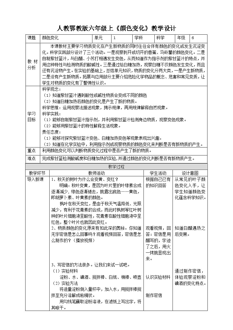 【核心素养】人教鄂教版科学六上 1.3《颜色变化》课件+教案+分层练习（含答案）01