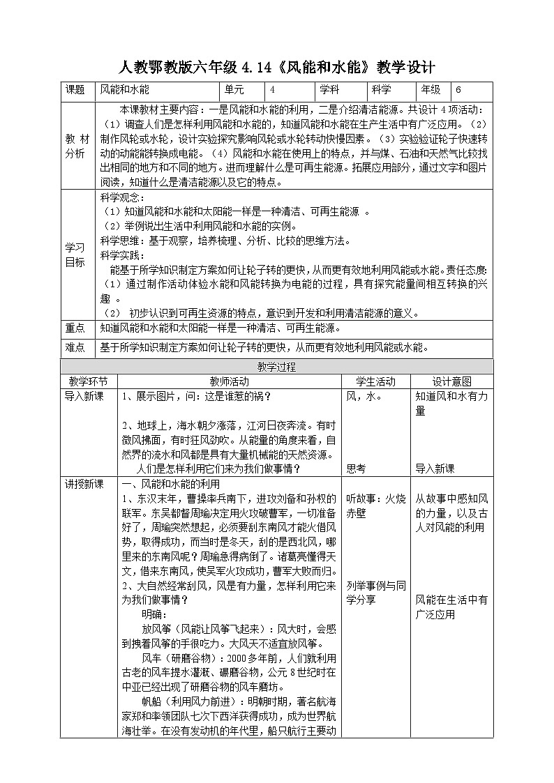【核心素养】人教鄂教版科学六上 4.14《风能和水能》课件+教案+分层练习（含答案）01