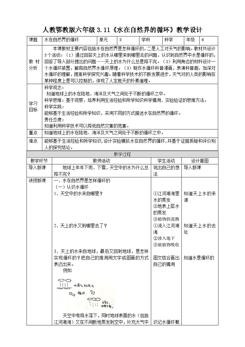 【核心素养】人教鄂教版科学六上 3.11《水在自然界的循环》教案01