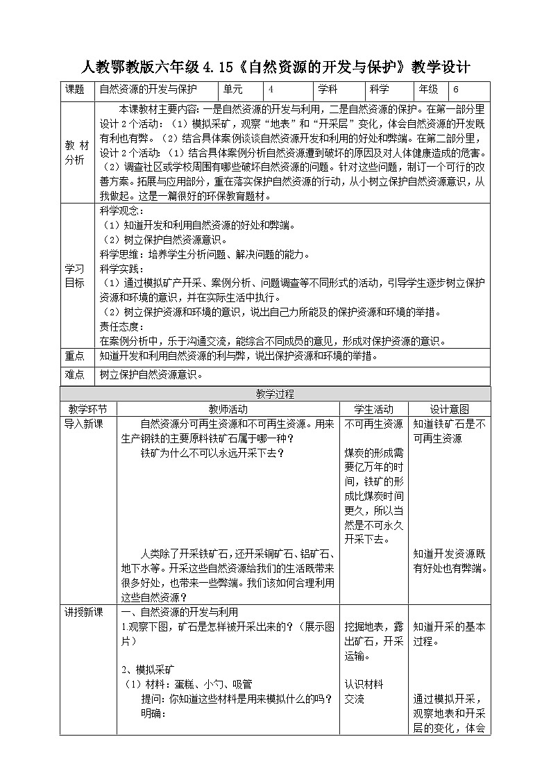 【核心素养】人教鄂教版科学六上 4.15《自然资源的开发与保护》教案01