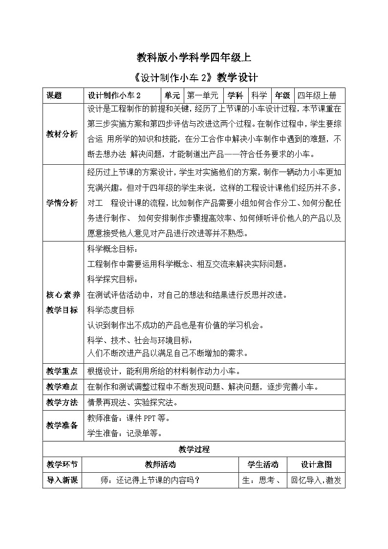 【核心素养目标】教科版版小学科学四年级上册 《设计制作小车2》  教案模板 （表格式）第1页
