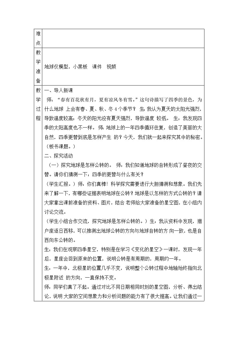【同步教案】青岛版（六三制）科学六年级上册-11.四季更替 表格式教案第2页