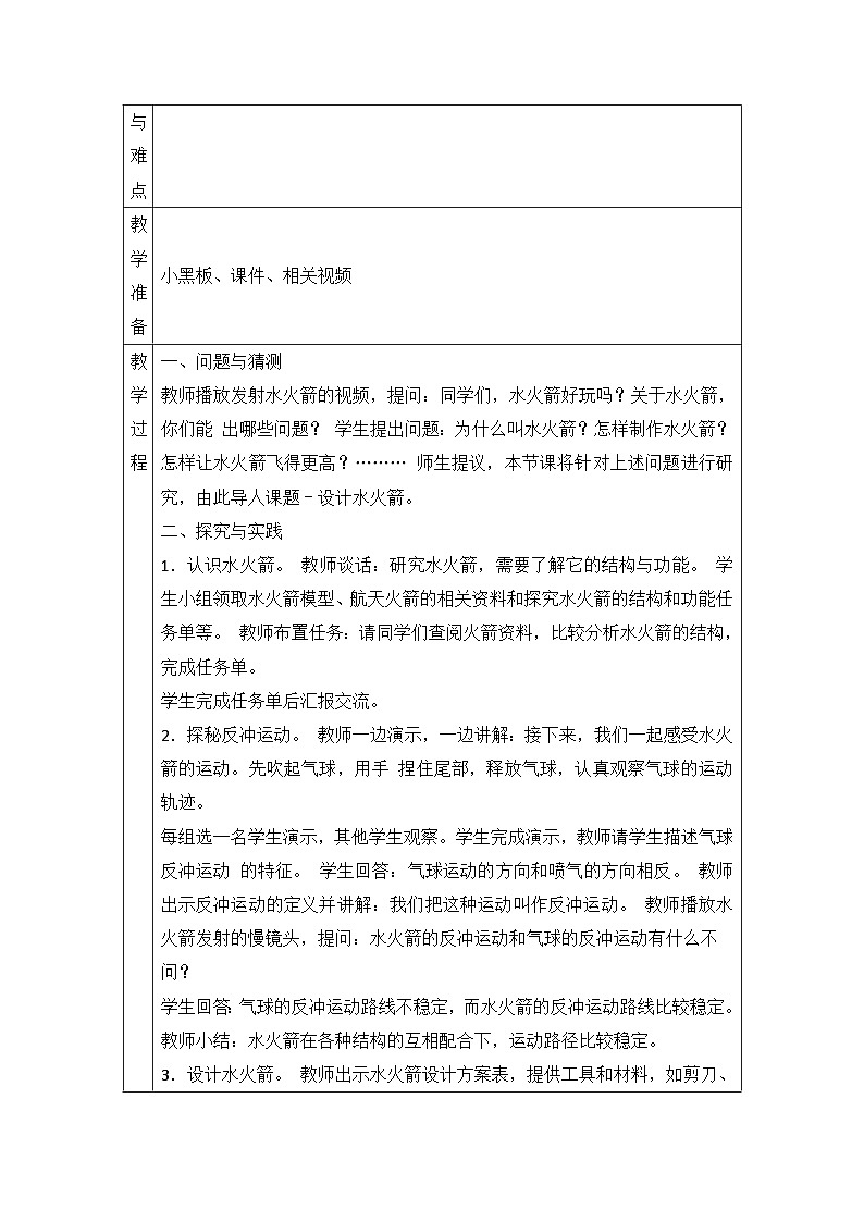 【同步教案】青岛版（六三制）科学六年级上册-23.设计水火箭 表格式教案02