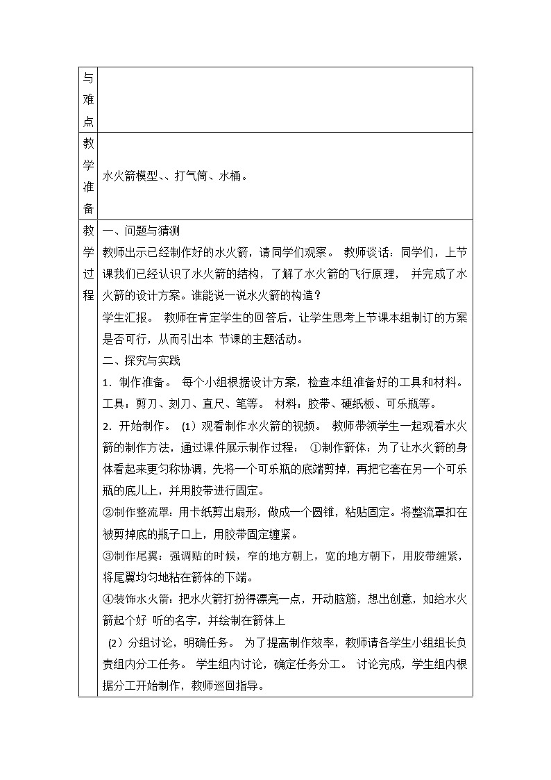 【同步教案】青岛版（六三制）科学六年级上册-24.制作与发射水火箭 表格式教案第2页