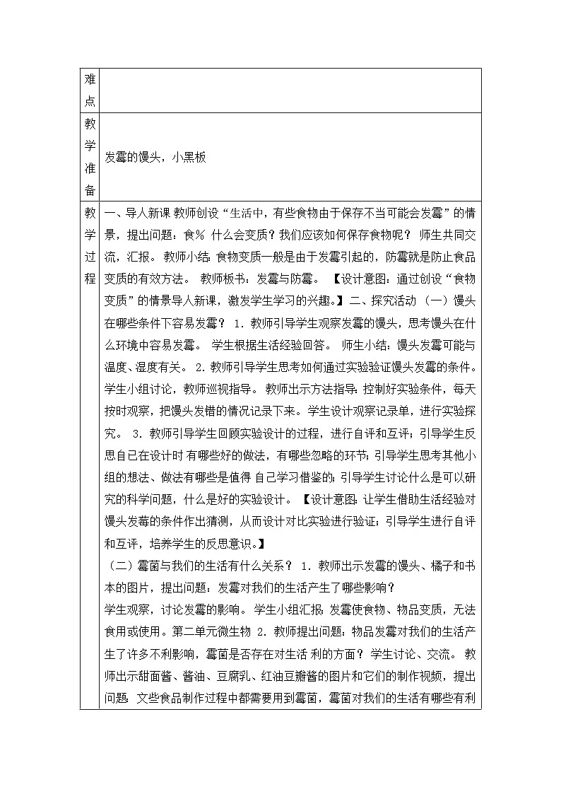 【同步教案】青岛版（六三制）科学六年级上册-6.发霉与防霉 表格式教案02