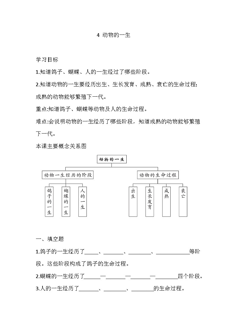 【同步练习】新大象版科学三年级上册--2.4 动物的一生  一课一练（含答案）01