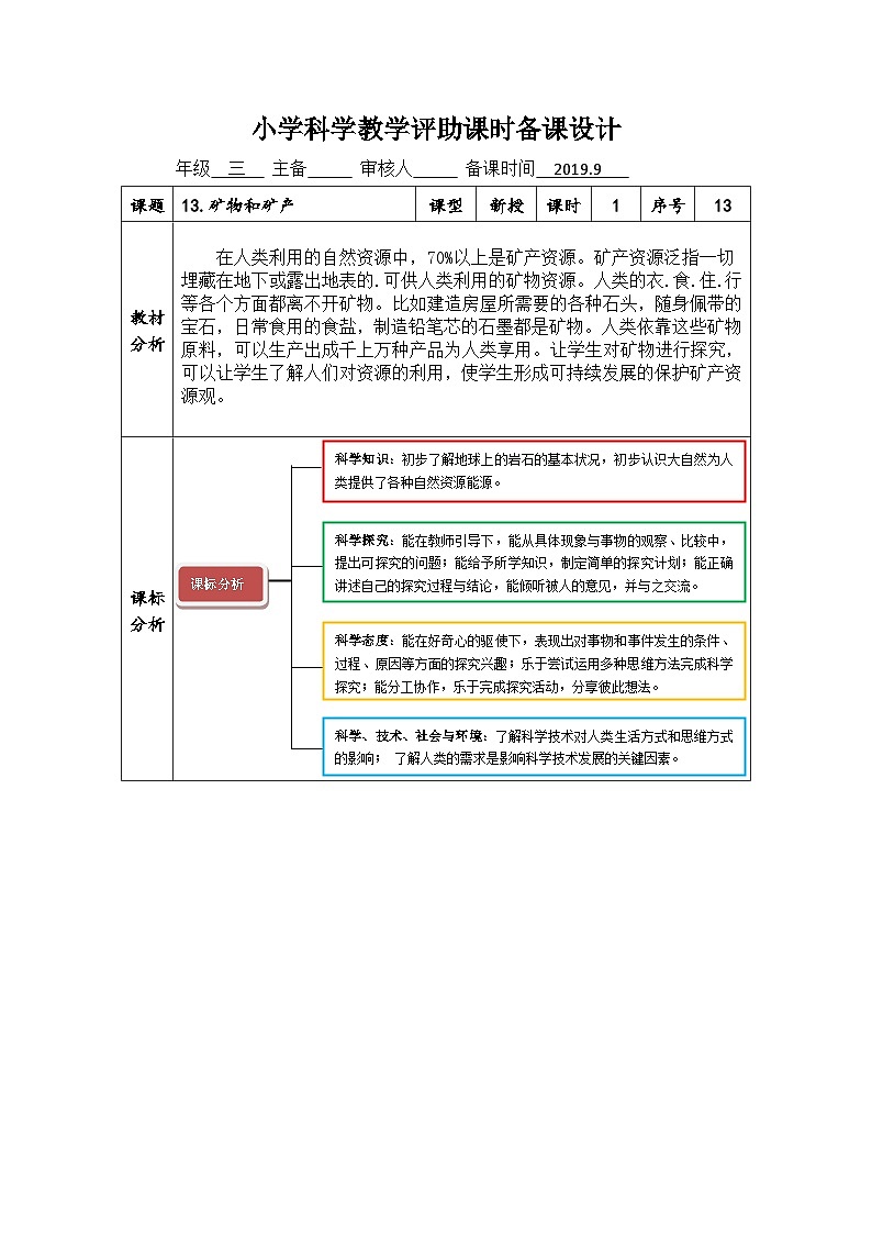 【同步教案】青岛版（六三制）科学三年级上册--1矿物和矿产 教案01