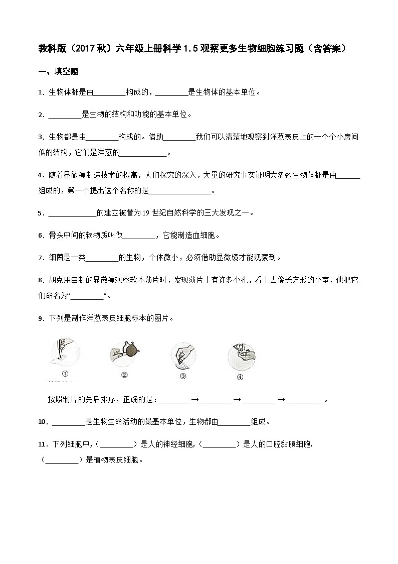 【同步练习】教科版(2017)科学六年级上册--1.5观察更多生物细胞  练习题（含答案）01