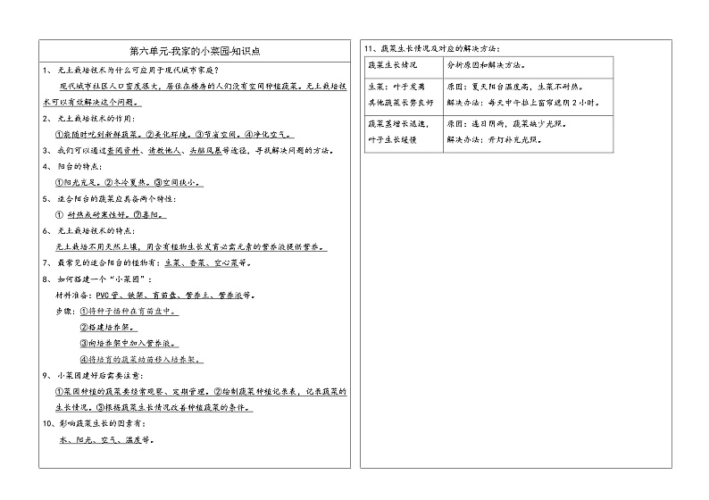 【单元复习讲义】冀人版科学四年级下册-第六单元 我家的小菜园（知识点总结讲义）01