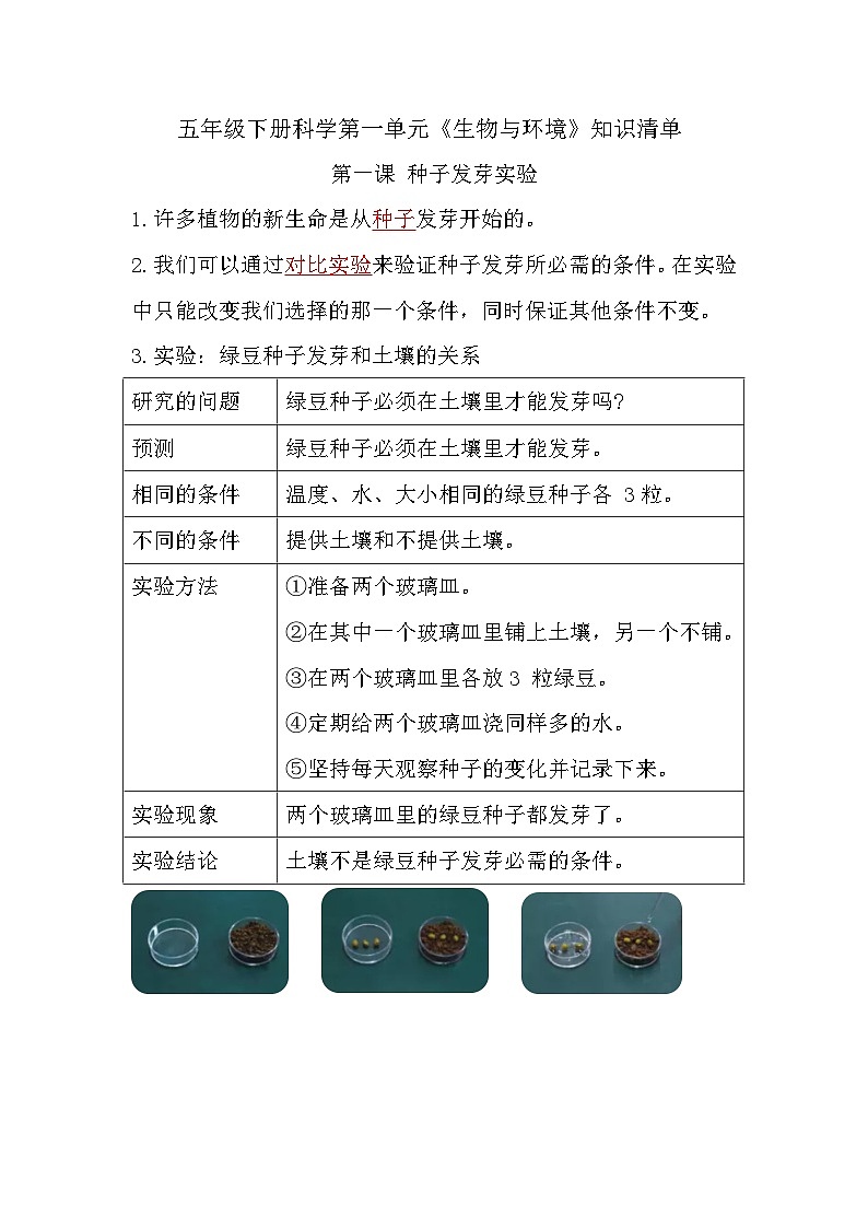 【单元复习讲义】教科版科学五年级下册-第一单元《生物与环境》 知识点总结讲义第1页