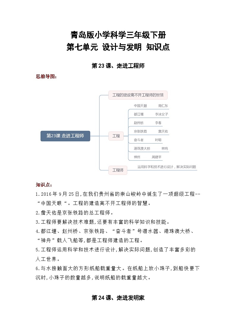 【单元复习讲义】青岛版科学三年级下册-第七单元《设计与发明》讲义（知识点总结+思维导图）01