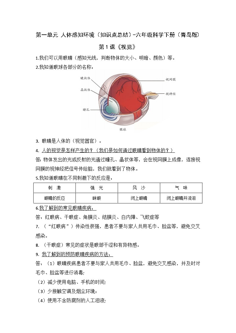 第一单元+人体感知环境（知识点总结）-六年级科学下册（青岛版）01