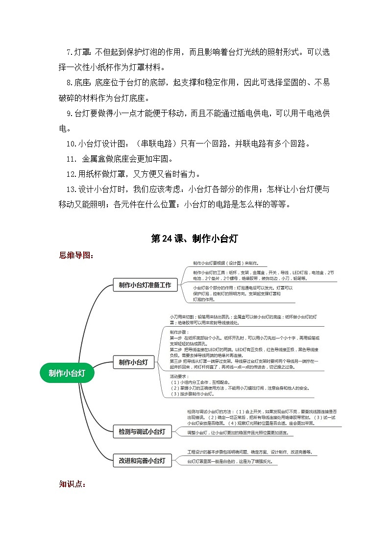 【单元复习讲义】青岛版科学四年级下册-第七单元《设计制作小台灯》讲义（知识点总结+思维导图）02