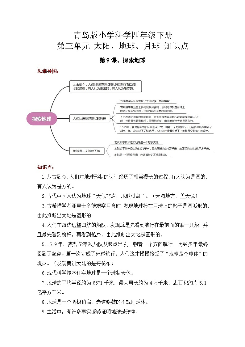 【单元复习讲义】青岛版科学四年级下册-第三单元《太阳、地球、月亮》讲义（知识点总结+思维导图）01