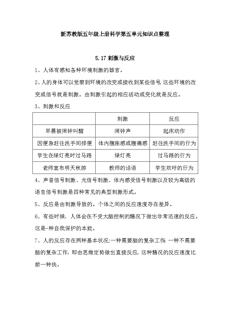 【单元重难点讲义】新苏教版科学五年级上册-第五单元 知识点整理讲义第1页