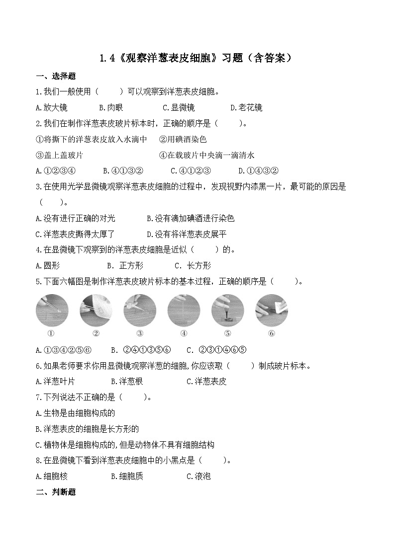 教科版科学六年级上册 第4课 观察洋葱表皮细胞 同步练习第1页