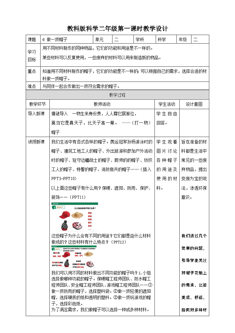 教科版二上第二单元第6课  《做一顶帽子》教案第1页