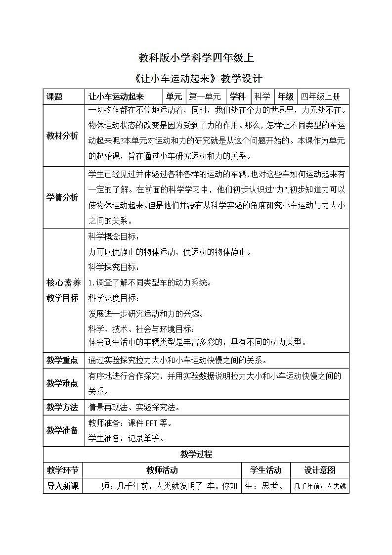【核心素养目标】教科版小学科学四年级上册第三单元第3.1课时《让小车运动起来》课件+教案+同步练习（含答案和教学反思）01