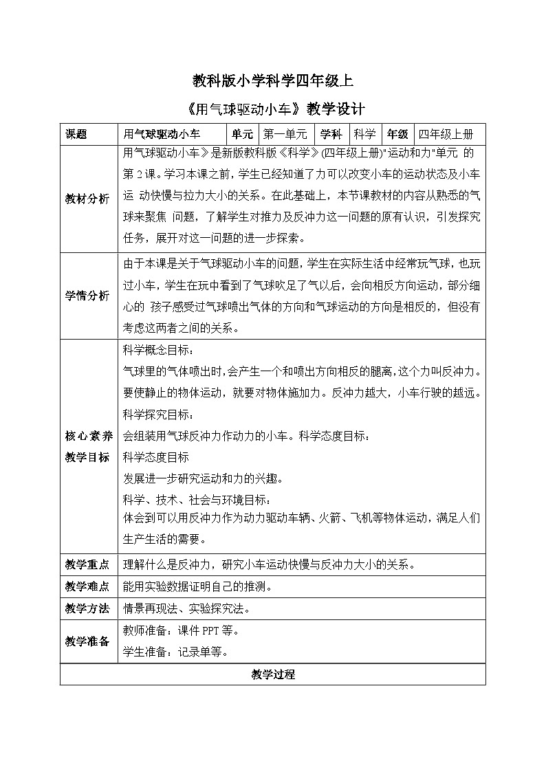【核心素养目标】教科版版小学科学四年级上册 《用气球驱动小车》  教案模板 （表格式）第1页