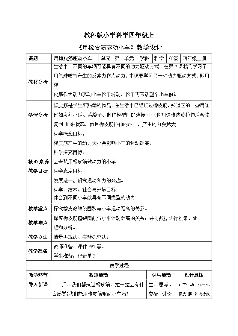 【核心素养目标】教科版版小学科学四年级上册 《用橡皮筋驱动小车》  教案模板 （表格式）第1页