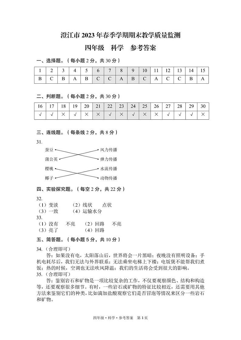 04澄江 期末 四 科学 答案 教科版第1页