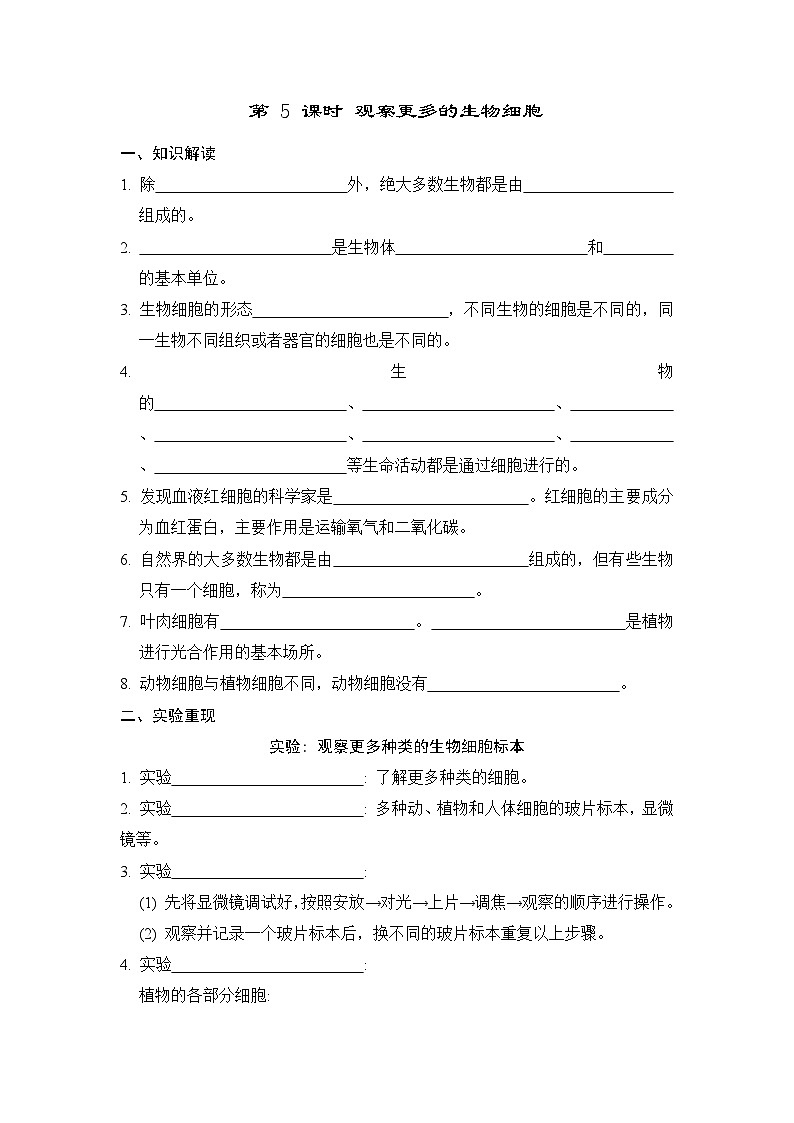 教科版科学六上 1.5观察更多的生物细胞 学案（含答案）01