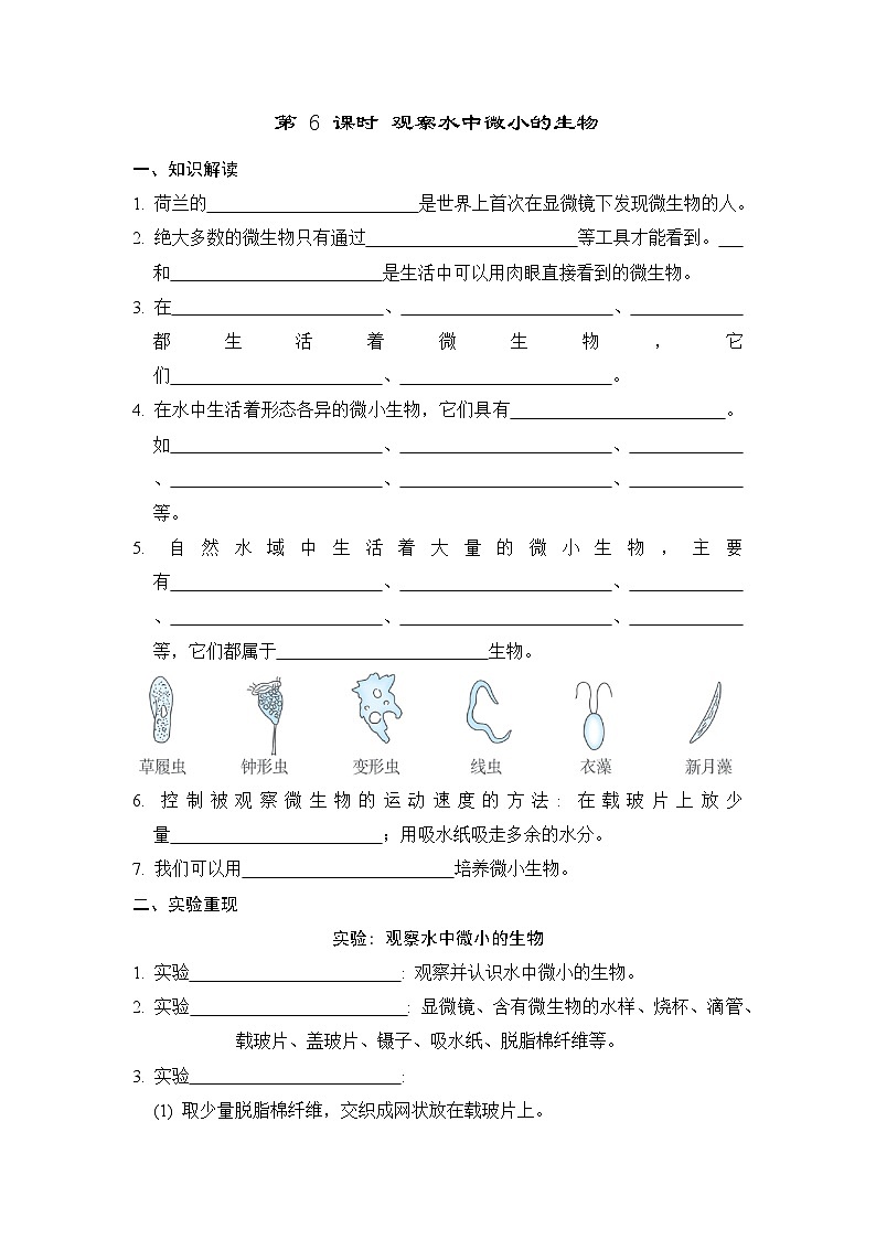 教科版科学六上 1.6观察水中微小的生物 学案（含答案）01