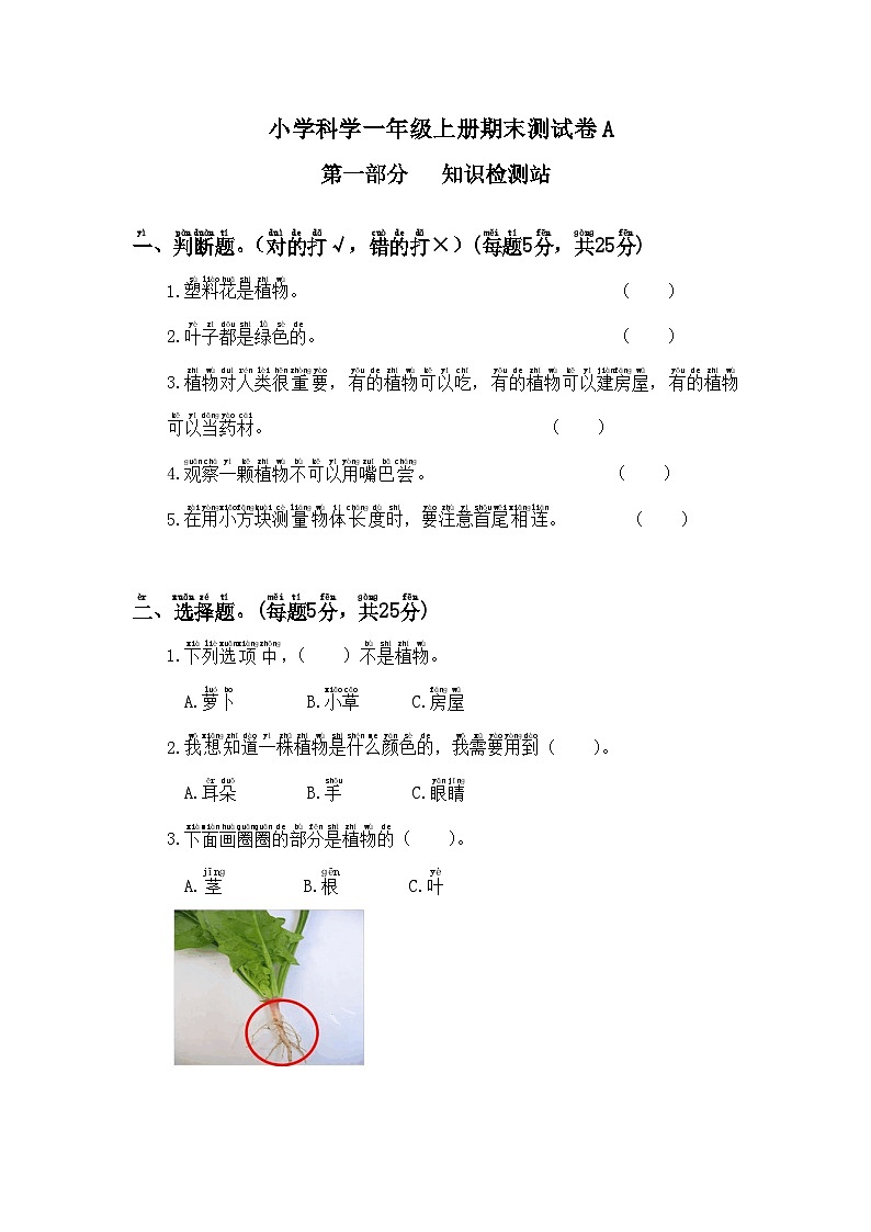 浙江省宁波市鄞州区实验小学2022-2023学年一年级上学期期末检测科学试卷A01