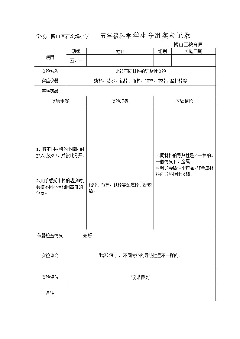 五年级科学上册学生分组实验记录（比较不同材料的导热性）第1页