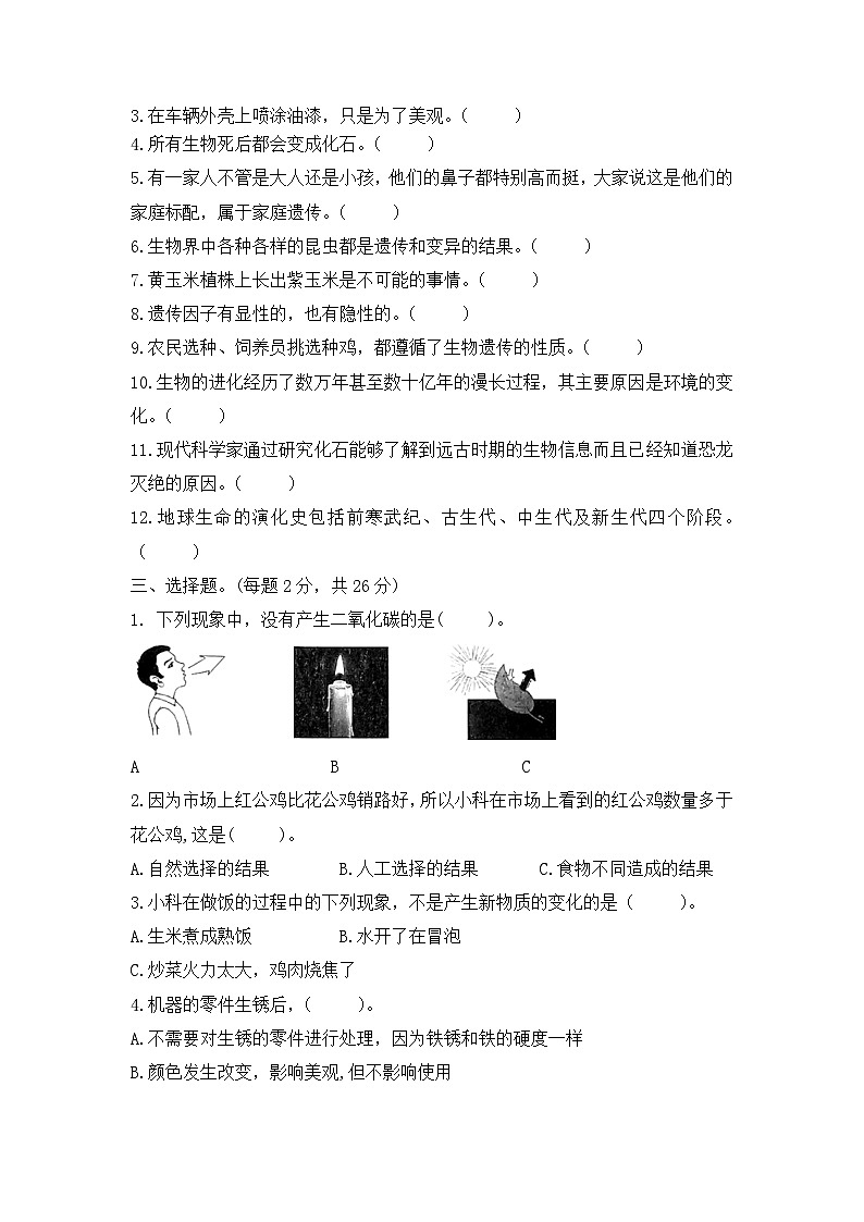 【期中模拟】苏教版(2017)科学六年级上册-期中测试卷1（含答案）第2页