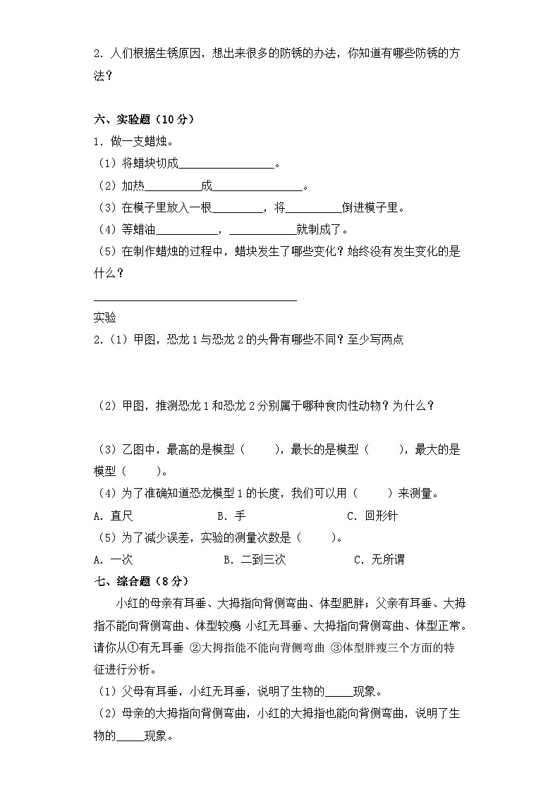 【期中模拟】苏教版(2017)科学六年级上册-期中测试卷2（含答案）03