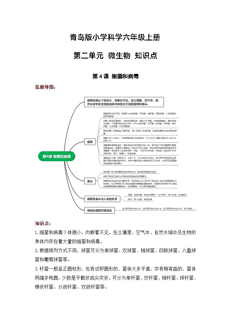 【期中知识复习】青岛版科学（六三制）六年级上册-第二单元《微生物》知识点学案+思维导图01
