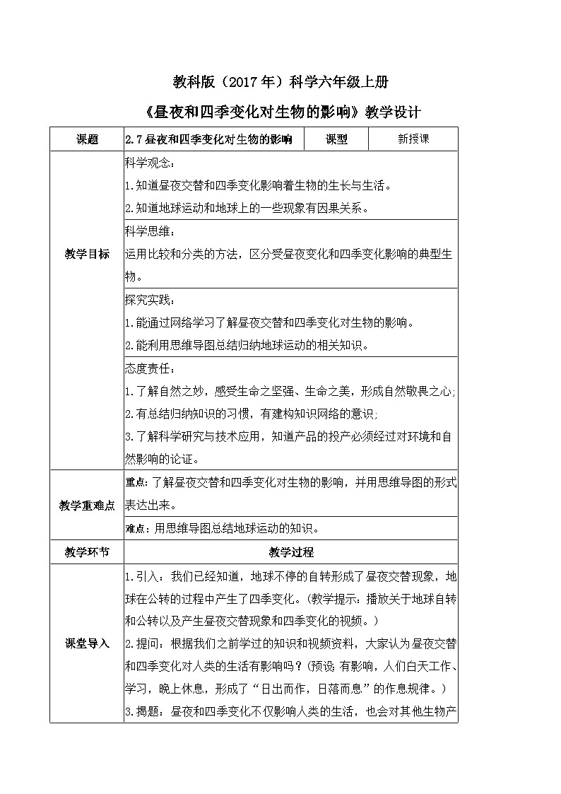 2.7 昼夜和四季变化对生物的影响（教案）-2023-2024学年六年级科学上册同步备课（教科版）01
