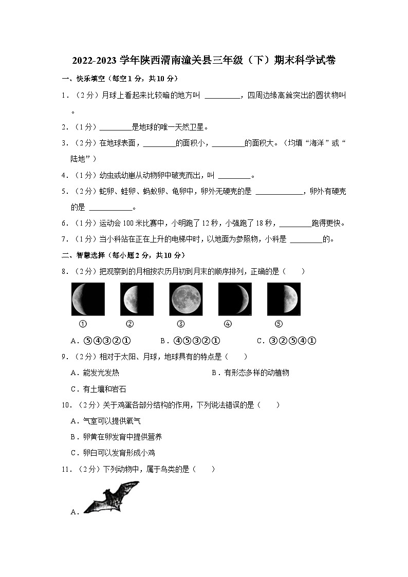 2022-2023学年陕西渭南潼关县三年级下学期期末科学试卷（含解析）01