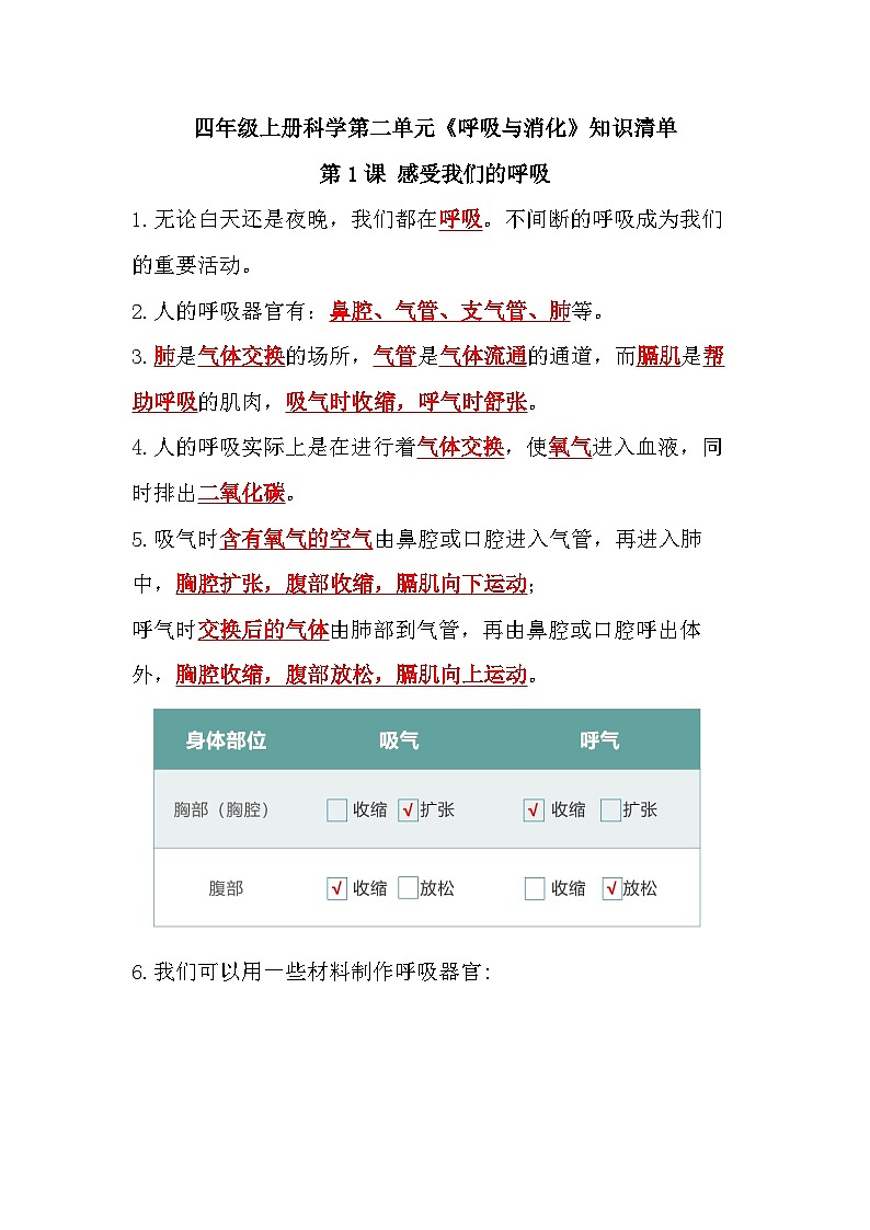 教科版四年级科学上册-第二单元《呼吸与消化》知识点01
