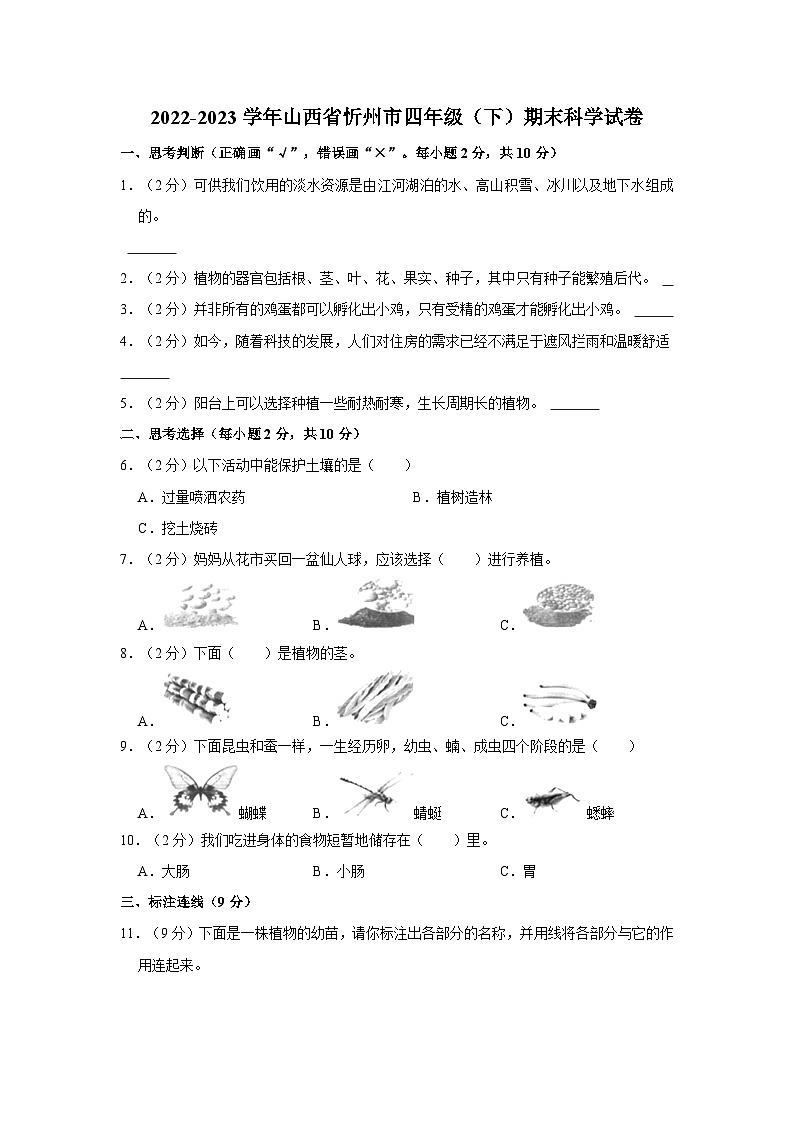 山西省忻州市2022-2023学年四年级下学期期末考试科学试题第1页