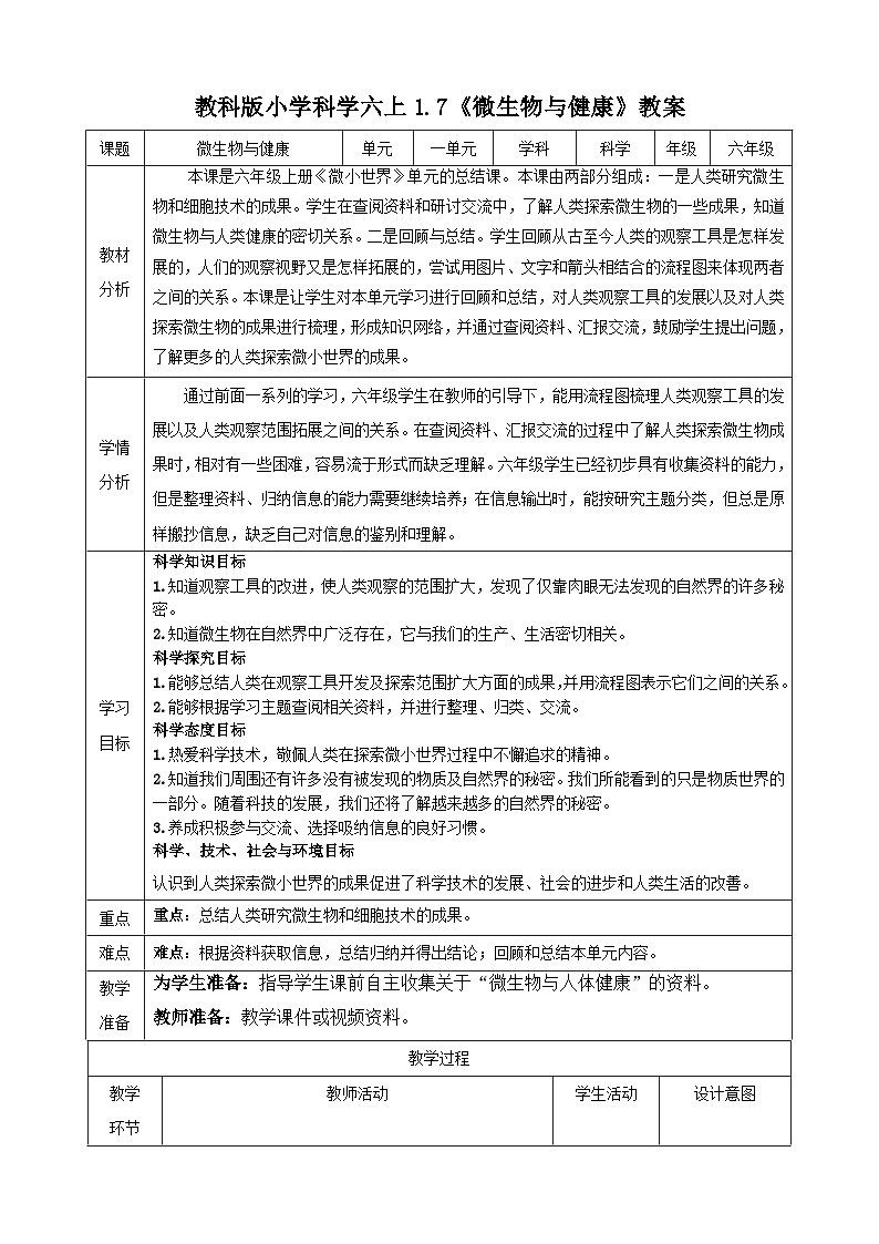 教科版科学六上1.7《微生物与健康》课件+教学设计+素材01