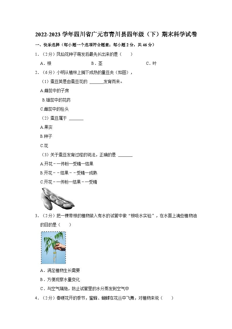 2022-2023学年四川省广元市青川县四年级下学期期末科学试卷（含解析）第1页
