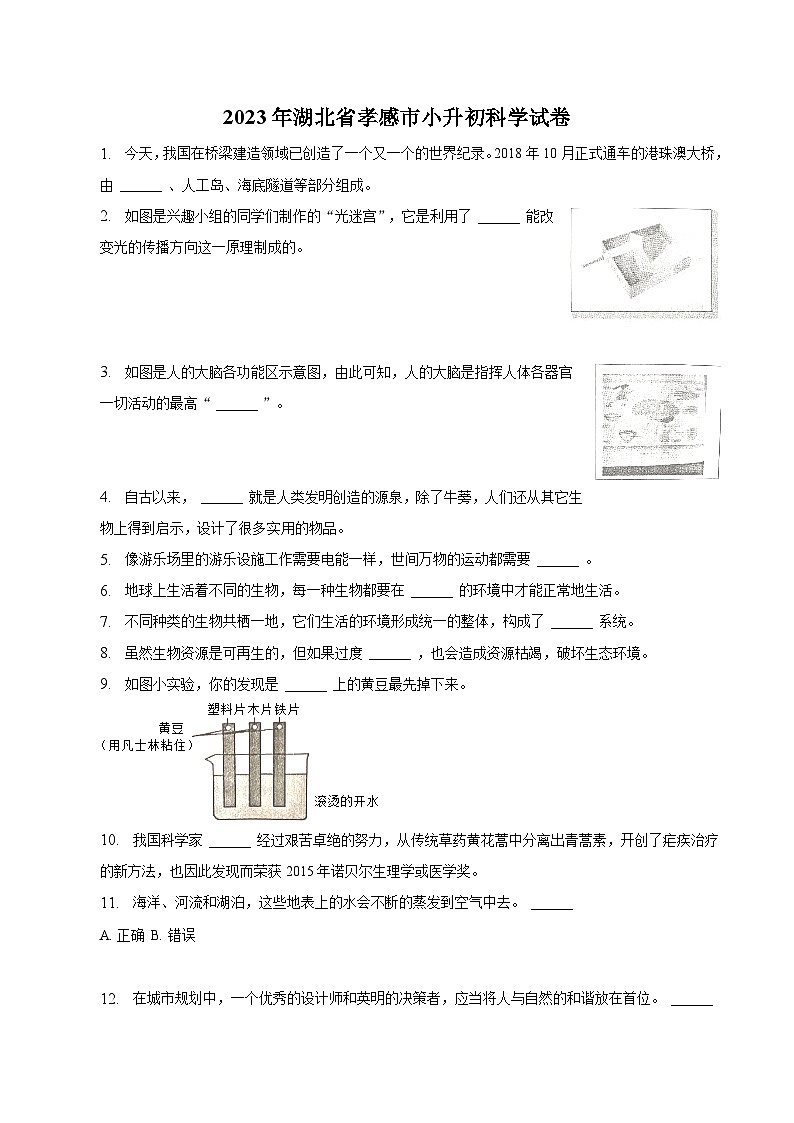 湖北省孝感市2023届小升初科学试卷（含解析）第1页