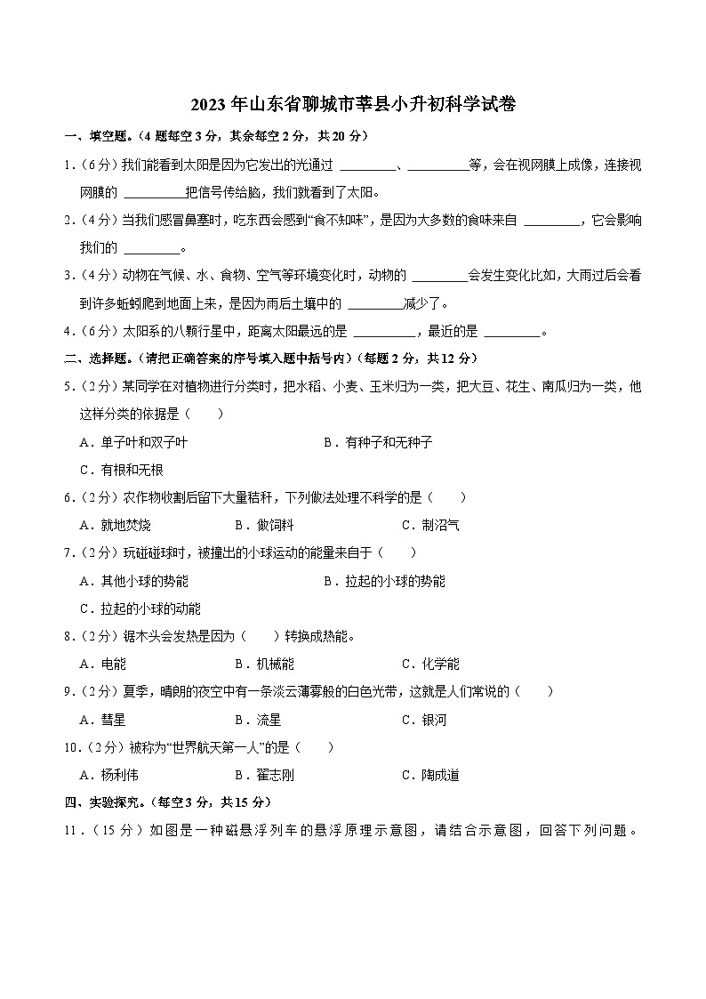 山东省聊城市莘县2023届小升初科学试卷01