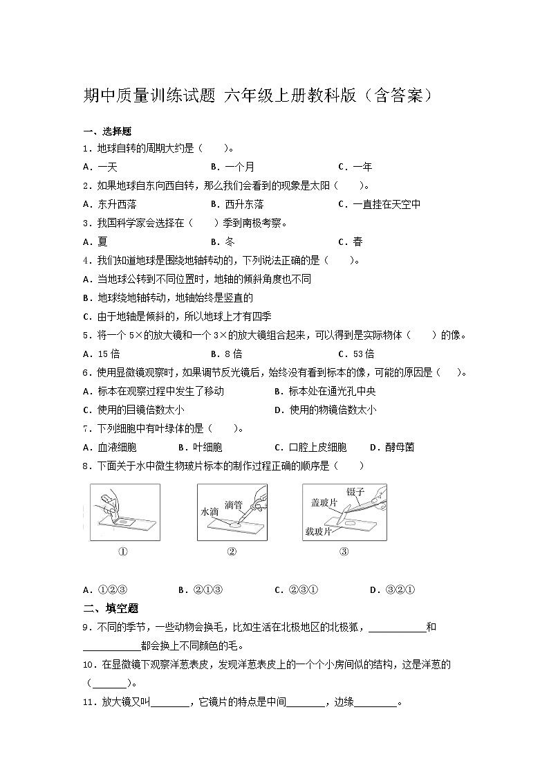 教科版科学六年级上册 期中质量训练试题（4）（ 含答案）01