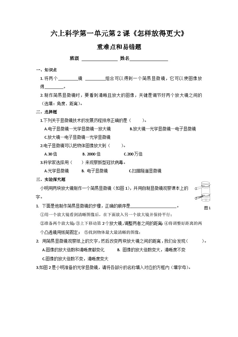 1.2《怎样放的更大》家庭作业（同步练习） 六年级上册科学 教科版01