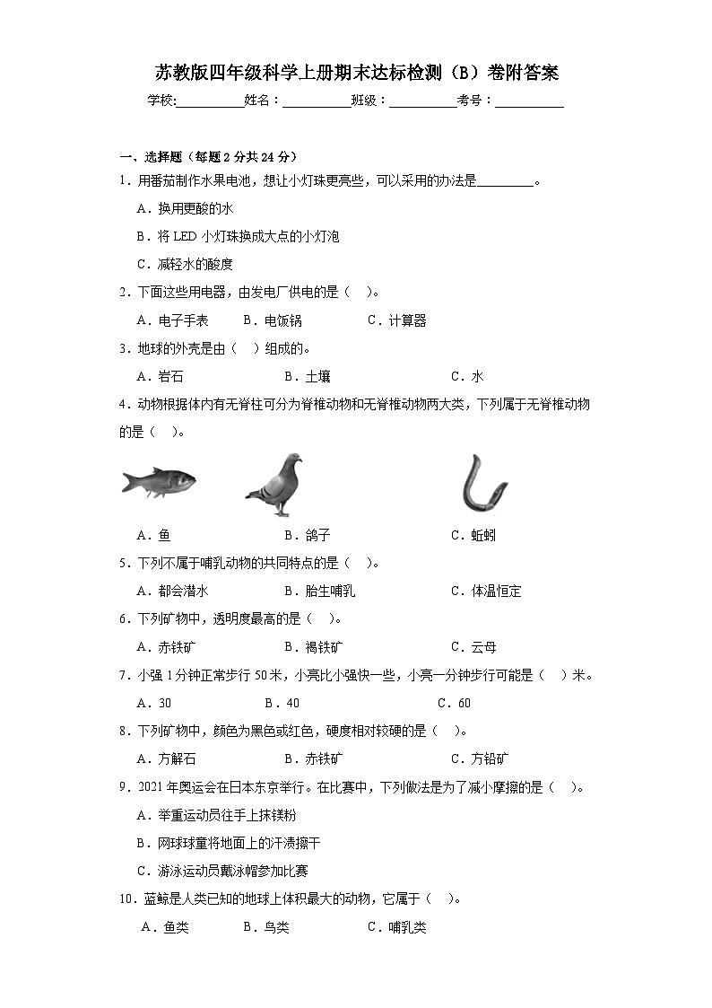 苏教版四年级科学上册期末达标检测（B）卷附答案01