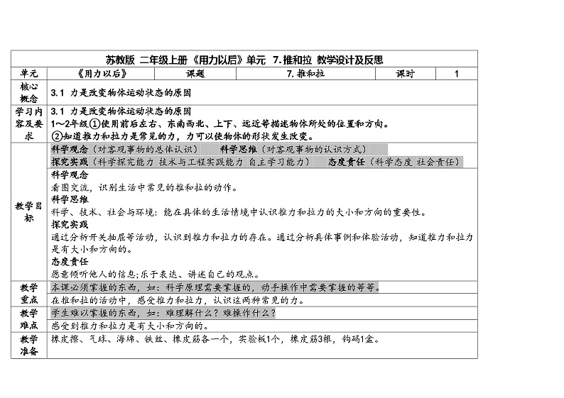 苏教版科学二年级上册第3单元第7课-推和拉-教学计划+视频资料01