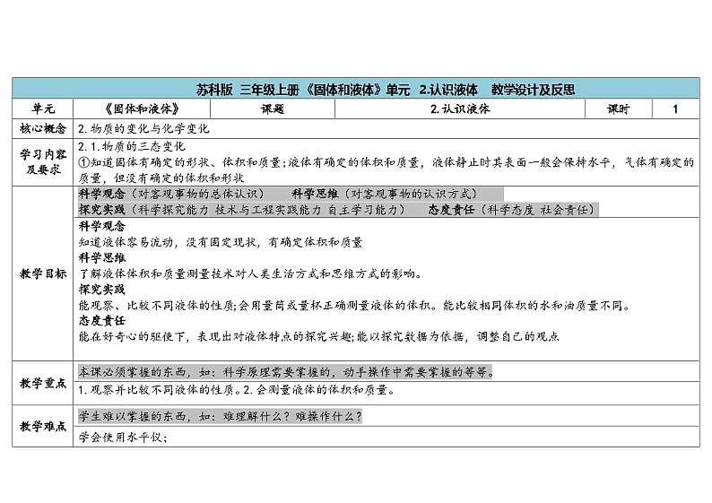 3.2《认识液体》教案（5套合集） 苏版三年级科学上册01