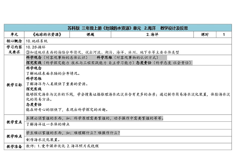 4.3《海洋》教案（5套合集） 苏版三年级科学上册01