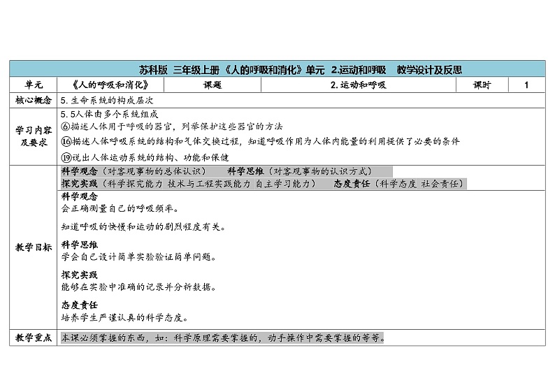 5.2《运动和呼吸》教案（5套合集） 苏版三年级科学上册01