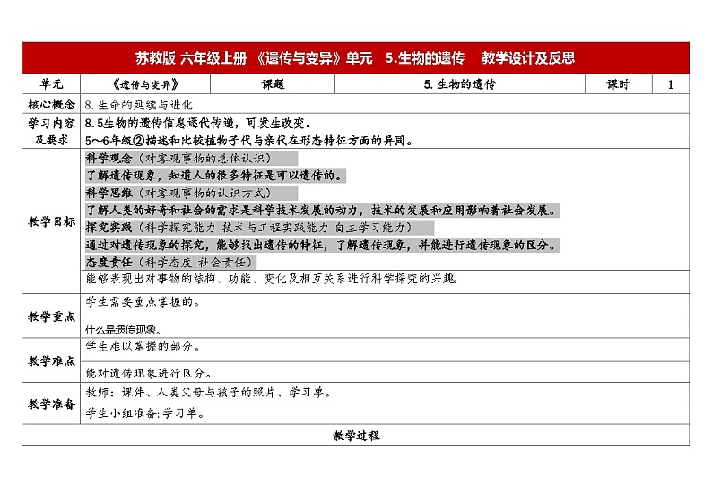 5.生物的遗传-苏教版科学六年级上册教案合集202401