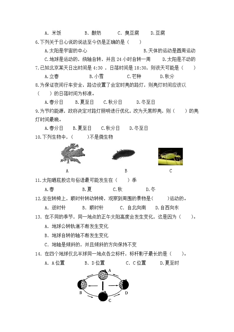 知识素养期中评价卷（试题） 六年级上册科学教科版02