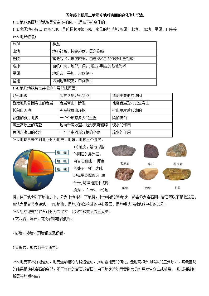 《地球表面的变化》（知识清单）教科版科学五年级上册第1页